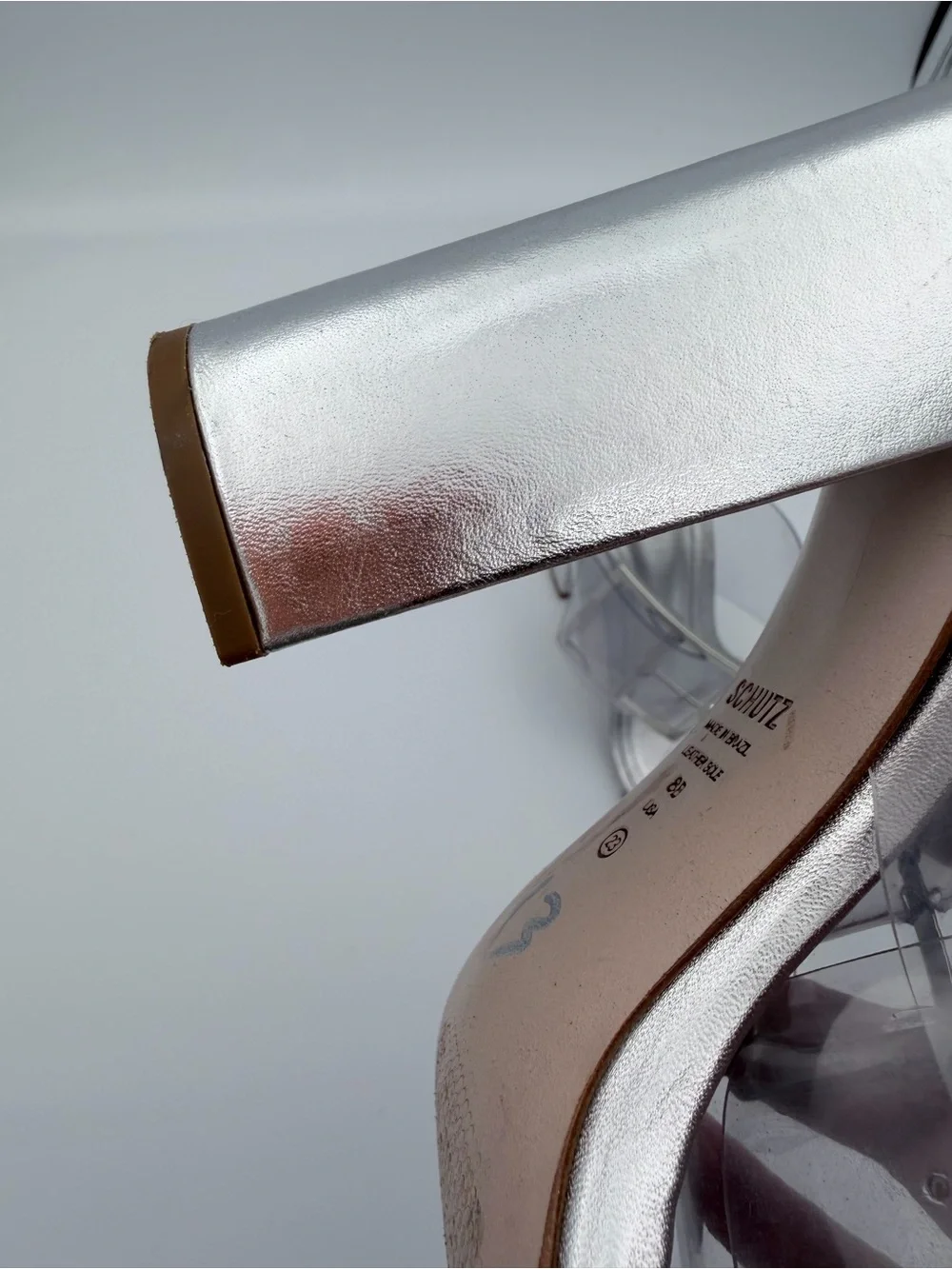 SCHUTZ Clear Vinyl Silver Block Heel Sandals 8B Square Toe Oversized Buckle